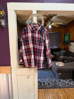 Men's Red and Navy Plaid Button-Up Jacket